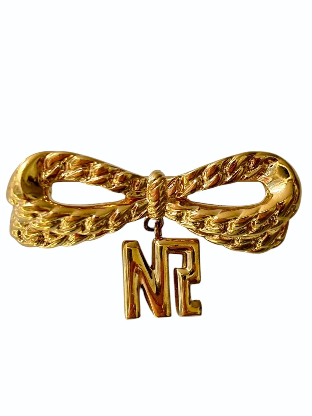Nina Ricci Vintage Signed Gold Logo Bow Brooch